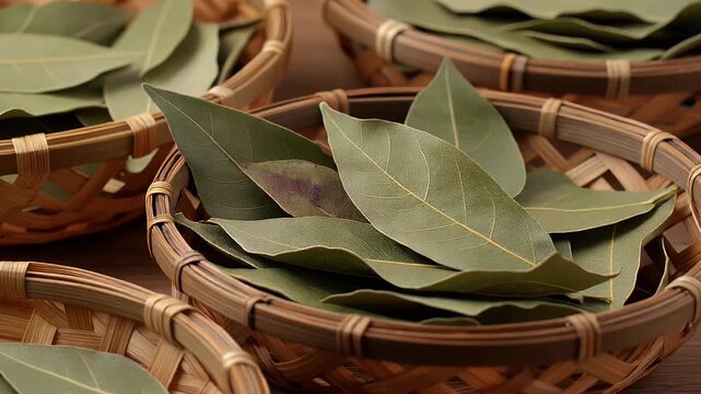 Close-up of Dried Bay Leaves in Wicker Baskets: Culinary Herb Display