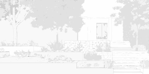 Fototapeta premium A grayscale architectural rendering of a home s exterior with landscaping