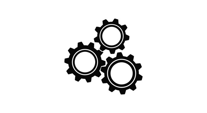 A minimalist depiction of three interconnected gears presented in a stark black silhouette