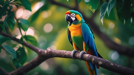 Obraz premium Vibrant blue gold macaw perched branch photos