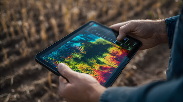 Ultra HD Farmers hands holding a tablet with a vibrant, colorful data visualization in a field, showcasing modern agricultural technology and data analysis image - Powered by Adobe