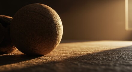 Close-up of rustic wooden balls on a textured surface, bathed in warm sunlight
