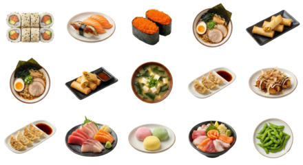 Japanese Food Collage: Sushi, Ramen, Sashimi, Mochi, Spring Rolls, Gyoza and More