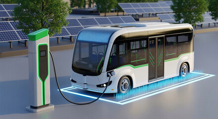 An electric bus at a charging station powered by solar panels. Sustainable public transportation with renewable energy. Future of green mobility and clean technology