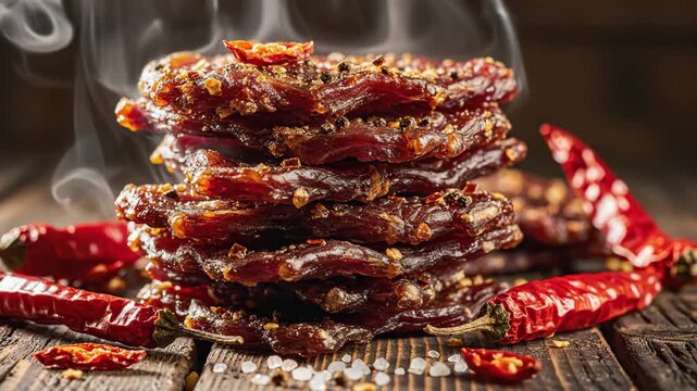 Spicy Beef Jerky Stack with Chili Peppers - A close-up shot showcases a stack of spicy beef jerky, seasoned with chili peppers and spices, creating a visually appealing and appetizing presentation.