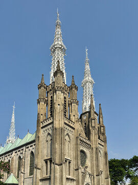 A Catholic cathedral with its steeples in Jakarta, Indonesia
