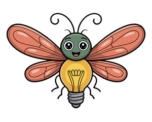 A cute cartoon firefly with oversized glowing light bulb body and big eyes... isolated on a transparent background