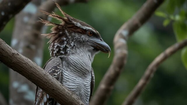 Camouflaged potoo bird perfectly blended on tree branch