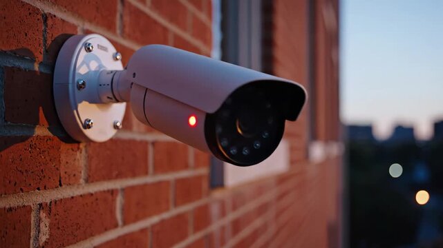 Security Camera Mounted on Brick Wall at Dusk - A modern white security camera is mounted on a brick wall, angled to monitor the surrounding area.