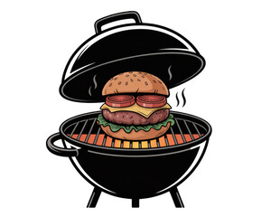 A juicy burger with tomato slices and lettuce on a charcoal grill with glowing... isolated on a transparent background