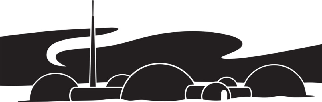 Futuristic desert habitat silhouette with dome houses and communications tower on sand dunes