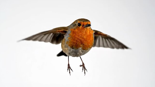 Robin in Flight - A robin is captured mid-flight against a clean, white background. The bird's wings are spread wide, displaying intricate feather details.