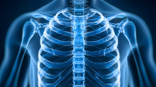 Ultra HD Human rib cage and spine, 3d render of a glowing blue skeletal system, medical illustration of human anatomy, chest xray scan image