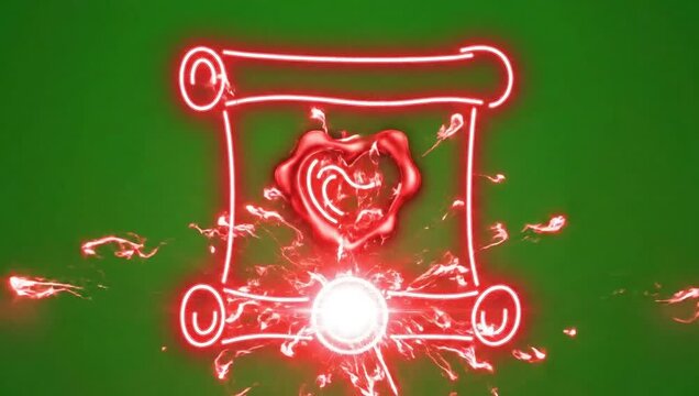 Animated neon scrolls with heart shape on green background, love symbol, glowing red lines, romantic gesture, valentine's day, motion graphics, neon light, heart symbol, scroll animation