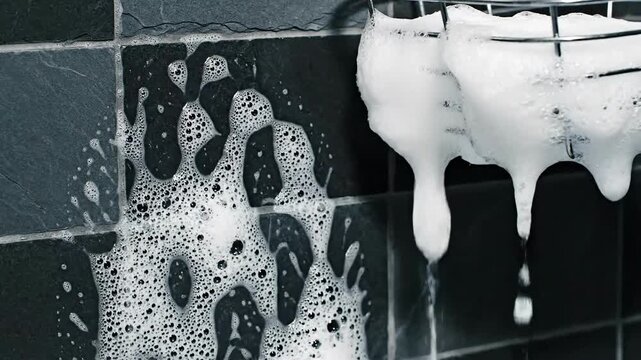 Luxurious Cleansing: Bubbling Soap On Dark Tiles Creating A Modern Bathroom Aesthetic For Relaxation
