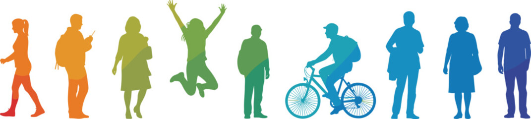 Obraz premium Colorful people silhouette collection vector, active lifestyle characters set including walking, jumping, cycling figures, isolated on white background, modern flat illustration for health, fitness, u