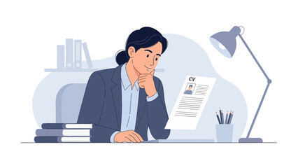 Young professional reviewing cv document at desk with lamp and books, career planning