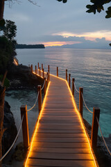 Glowing wooden pier over tropical sea at dusk. Vacation travel concept.