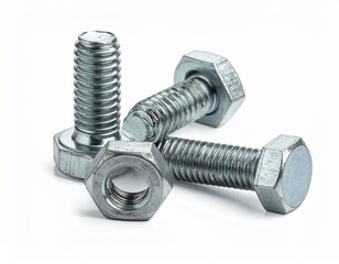 Small bolts with nuts isolated on a pure white, shadow-free background, presented with a clean, minimal look ideal for hardware catalogs, product mockups, and professional presentations.