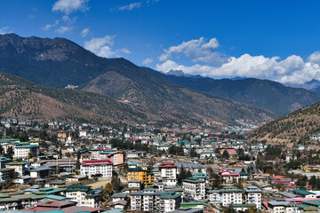 Aerial view of Thimphu city located within a mountain valley