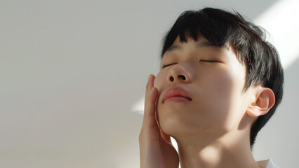 Asian man with eyes closed during facial skincare routine. Wellness concept.