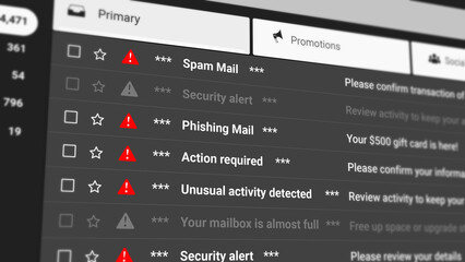 Spam Mail Notifications, Phishing Emails, Unusual Activity and Security Alert Email Scrolling List Closeup. Highlighting Cyber Threats, Fraud Detection, Inbox Risks, Warnings. 2D Illustration