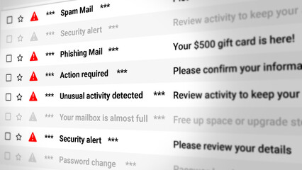Spam Mail, Phishing Messages and Security Alert, Email Scrolling List Closeup. Alert Notifications, Cyber Threats, Fraud Warnings, Inbox Risks, and Digital Safety Awareness. 2D Illustration