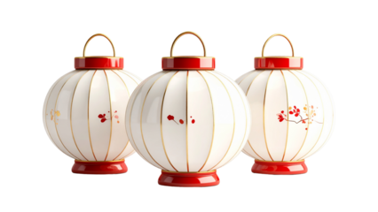 Three traditional white and red ornate Chinese lanterns adorned with delicate floral accents, displayed against a white background