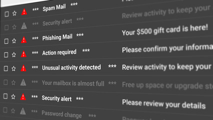 Spam Mail Notifications, Phishing Emails, Unusual Activity and Security Alert Email Scrolling List Closeup. Highlighting Cyber Threats, Fraud Detection, Inbox Risks, Warnings. 2D Illustration