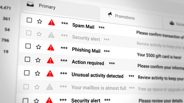 Spam Mail, Phishing Messages and Security Alert, Email Scrolling List Closeup. Alert Notifications, Cyber Threats, Fraud Warnings, Inbox Risks, and Digital Safety Awareness. 2D Illustration