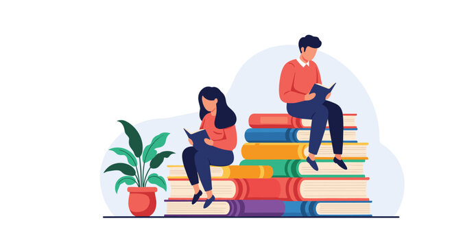 Young man and woman sitting on stacks of colorful giant books while reading intently in a peaceful indoor environment.