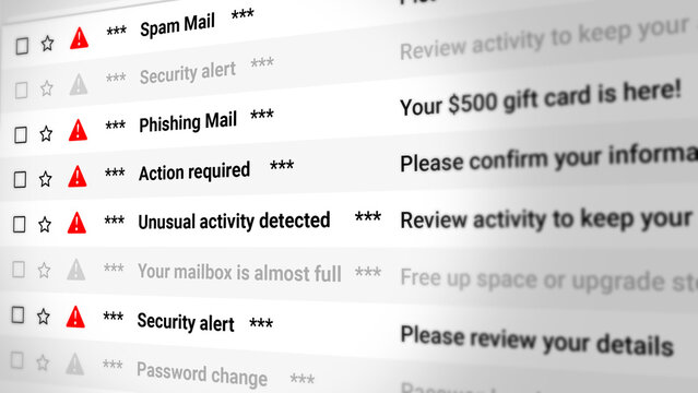Spam Mail, Phishing Messages and Security Alert, Email Scrolling List Closeup. Alert Notifications, Cyber Threats, Fraud Warnings, Inbox Risks, and Digital Safety Awareness. 2D Illustration