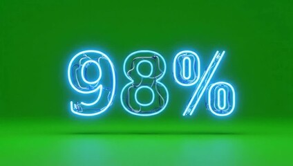 Animated neon sign displaying 98 percent on green background with radiant light effects with percentage and animation and business statistics and data display and digital graphics