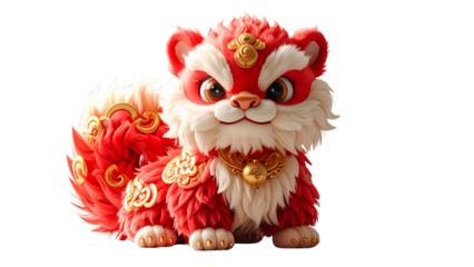 Charming and festive mythical creature design, resembling a stylized lion cub with vibrant red fur and intricate golden decorative accents, embodying cultural celebration and good fortune