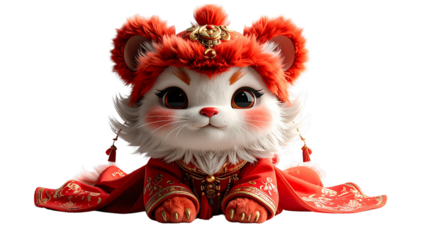 Adorable Fluffy Tiger Cub in Traditional Red Chinese New Year Attire with Golden Accents