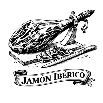 Vintage illustration of Jam&oacute;n Ib&eacute;rico leg on jamonera with carving knife