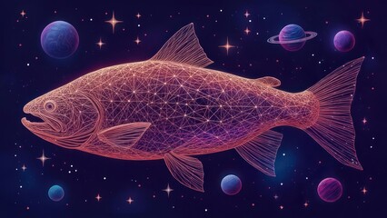 Cosmic salmon, a wireframe fish in space.  Stars, planets, and constellations surround it