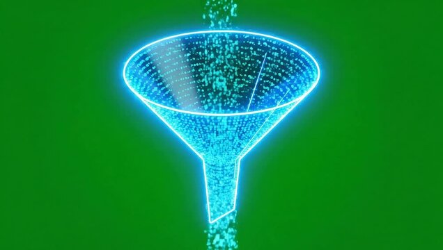 Animated glowing blue funnel charts with digital particles on green background, illustrating data filtering and processing with animation and business and technology