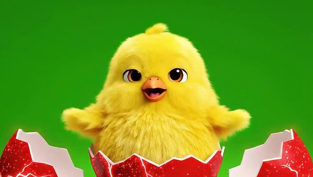 Cute yellow chick hatches from red glitter egg on green background, joyful easter animation with funny and entertainment and kids and chicken and happy and bird