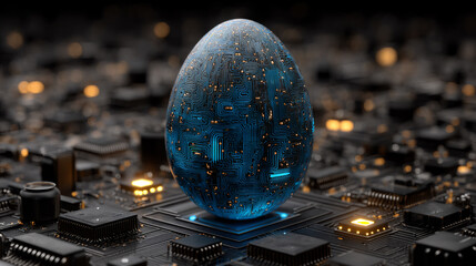 Blue Easter egg on computer motherboard. Easter cybersecurity concept.