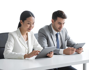 Fototapeta premium young business woman and man working on tablet isolated on transparent background.
