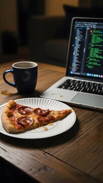 Pepperoni Pizza Slice on Paper Plate next to Laptop for Late Night Coding or Remote Work