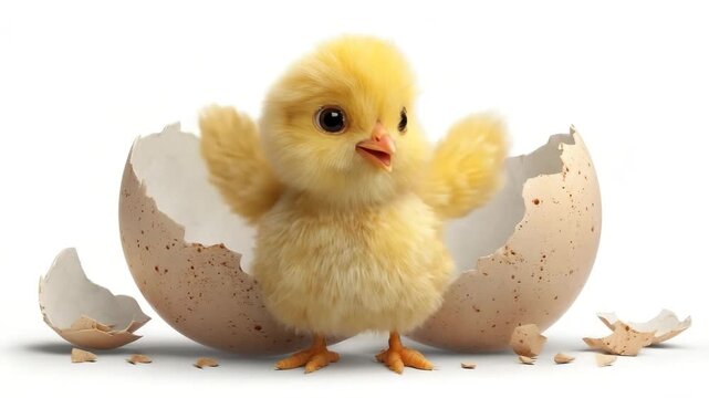 Cute little yellow chick standing in broken eggshell isolated on white background