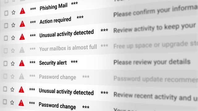 Spam Mail, Phishing Messages and Security Alert, Email Scrolling List Closeup. Alert Notifications, Cyber Threats, Fraud Warnings, Inbox Risks, and Digital Safety Awareness. 4K Video Animation