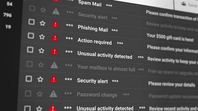 Spam Mail Notifications, Phishing Emails, Unusual Activity and Security Alert Email Scrolling List Closeup. Highlighting Cyber Threats, Fraud Detection, Inbox Risks, Warnings. 4K Video Animation