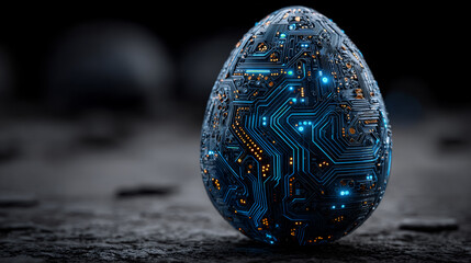 Futuristic microchip Easter egg close up. Easter innovation concept.