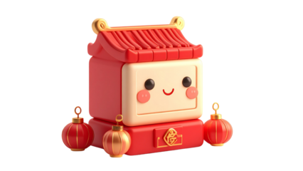 Charming 3D Rendered Traditional Chinese Building Mascot Character with Festive Red Lanterns, Symbolizing Lunar New Year Blessings and Asian Cultural Celebrations