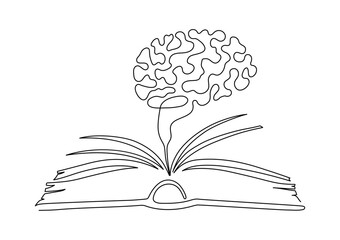 An open book with brain. Reading stimulates the brain concept. Continuous line drawing. Education concept.