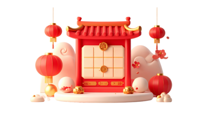 Festive Chinese New Year Scene with Traditional Lanterns and Architectural Elements