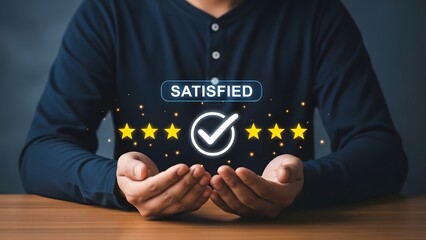 A person showing satisfaction with a five star rating